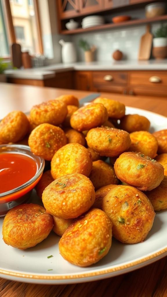 Golden brown savory snack bites on a plate with marinara sauce.
